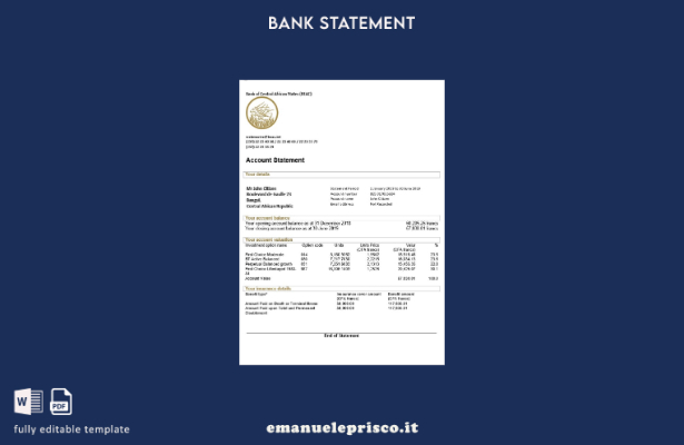 modello word di estratto conto della Banca della Repubblica Centrafricana degli 